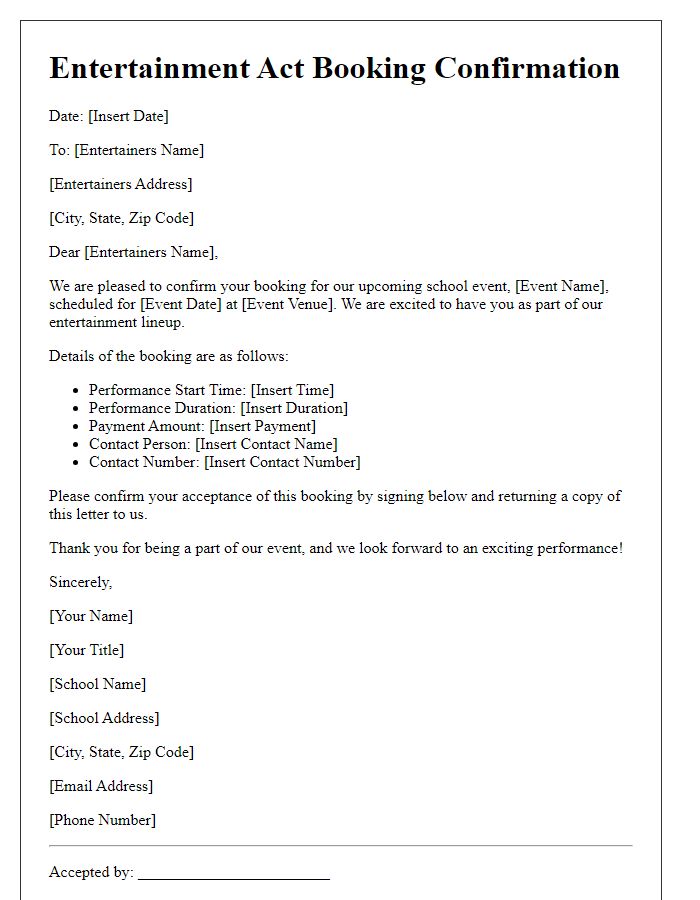 Letter template of entertainment act booking for school events