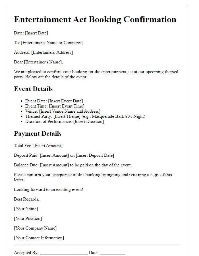 Letter template of entertainment act booking for themed parties