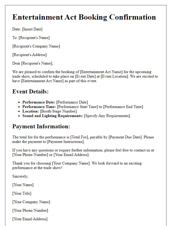 Letter template of entertainment act booking for trade shows