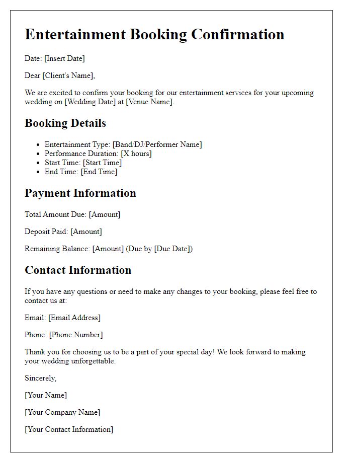 Letter template of entertainment act booking for weddings