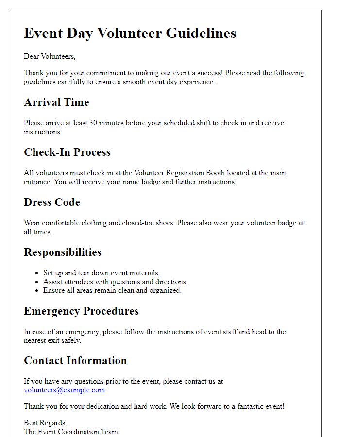 Letter template of Event Day Volunteer Guidelines Session