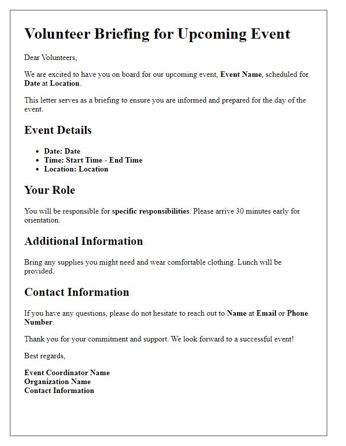 Letter template of Volunteer Briefing for Upcoming Event