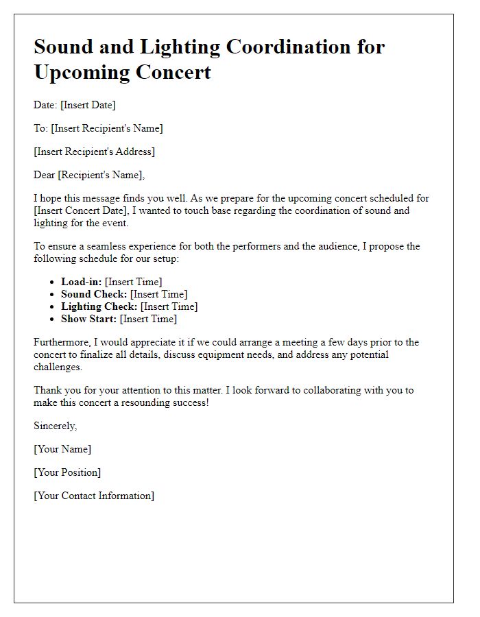 Letter template of sound and lighting coordination for concerts