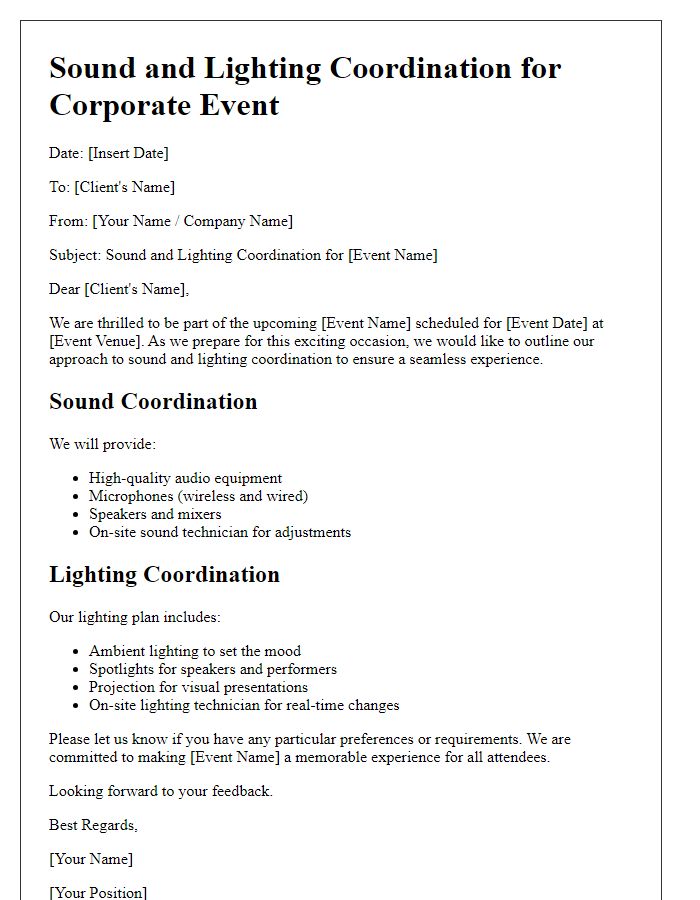 Letter template of sound and lighting coordination for corporate events