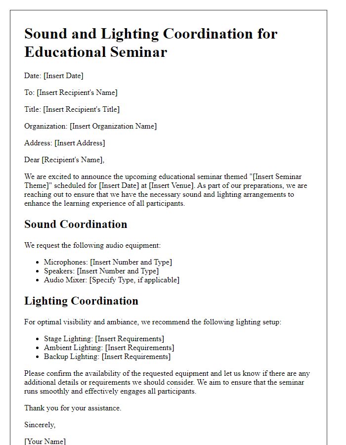 Letter template of sound and lighting coordination for educational seminars