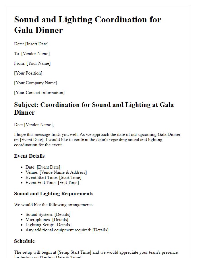 Letter template of sound and lighting coordination for gala dinners