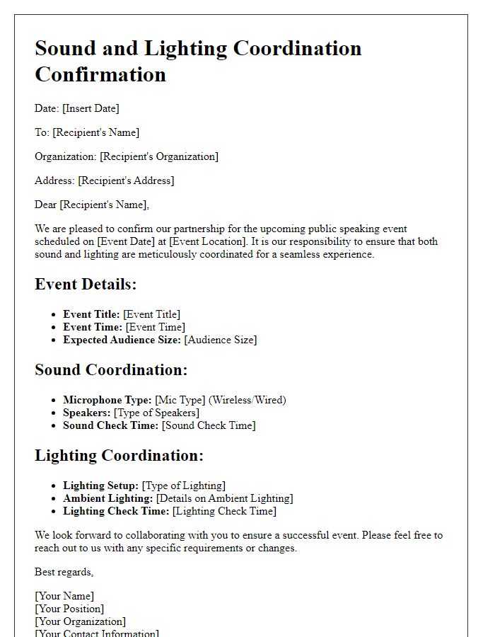 Letter template of sound and lighting coordination for public speaking events