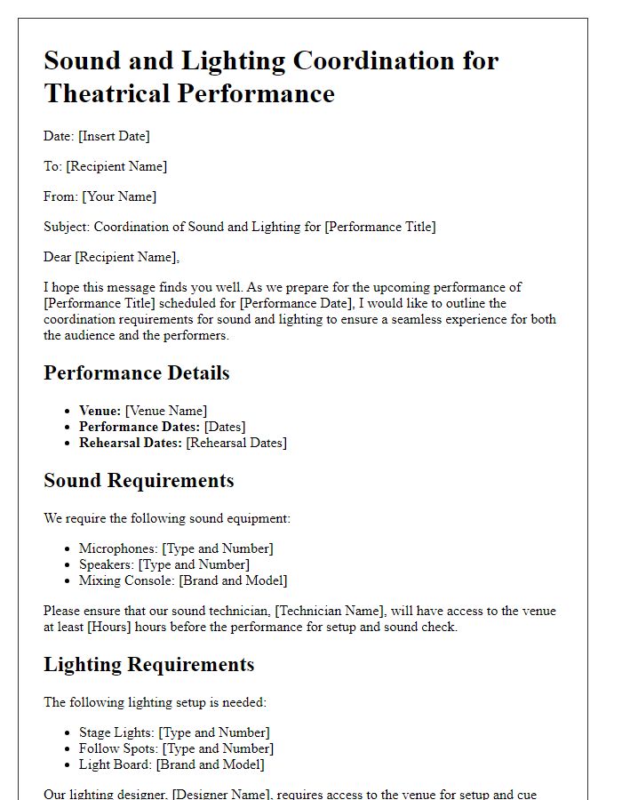 Letter template of sound and lighting coordination for theatrical performances