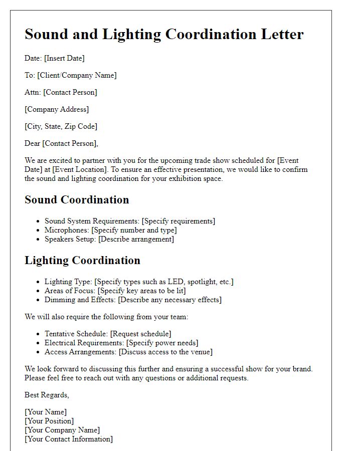 Letter template of sound and lighting coordination for trade shows