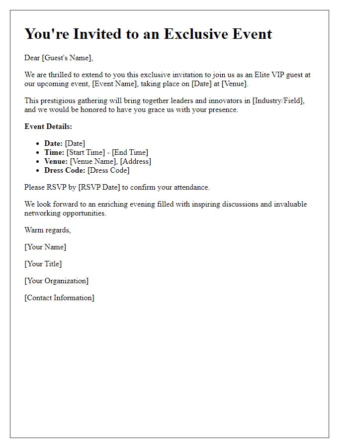 Letter template of Elite VIP Guest Invitation