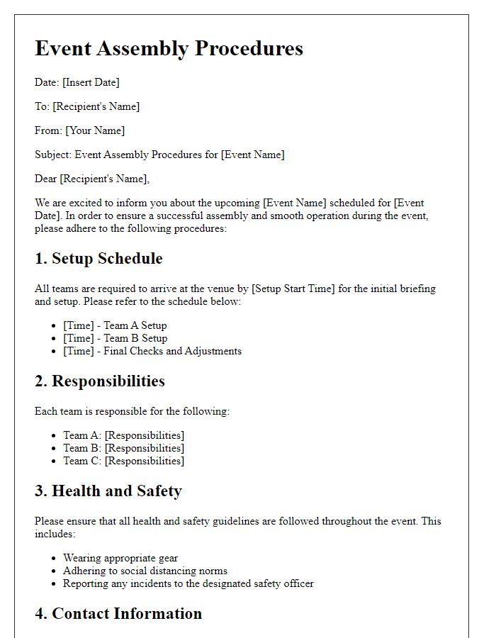 Letter template of event assembly procedures