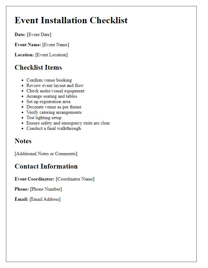 Letter template of event installation checklist