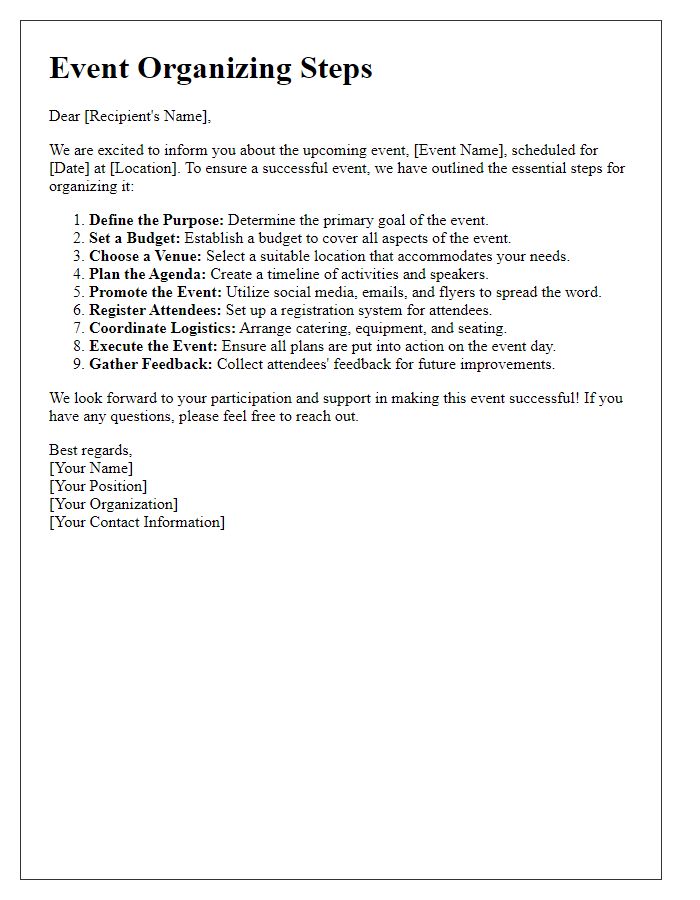 Letter template of event organizing steps