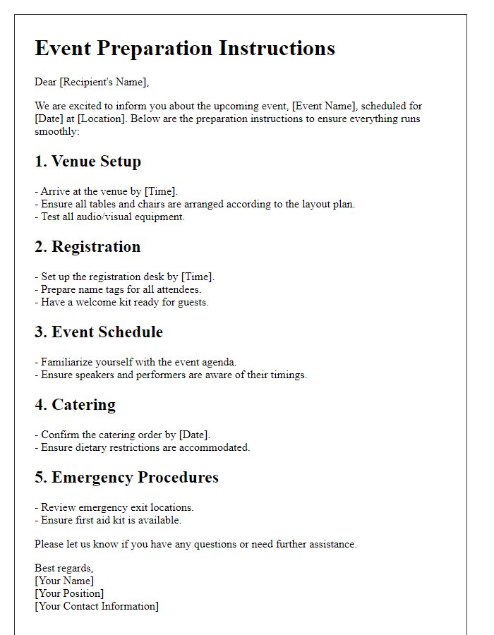 Letter template of event preparation instructions