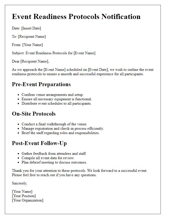 Letter template of event readiness protocols