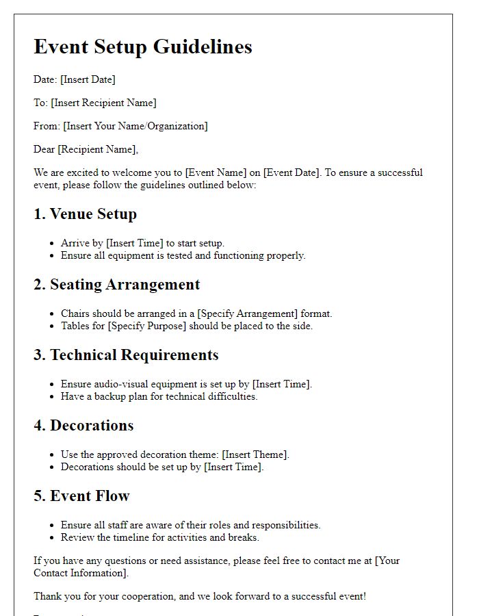 Letter template of event setup guidelines