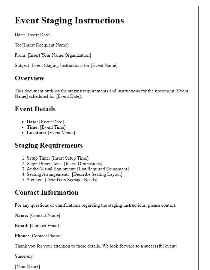 Letter template of event staging instructions