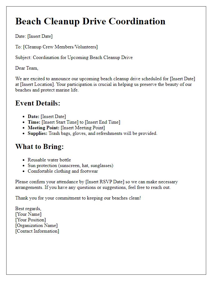 Letter template of Cleanup Crew Coordination for Beach Cleanup Drives