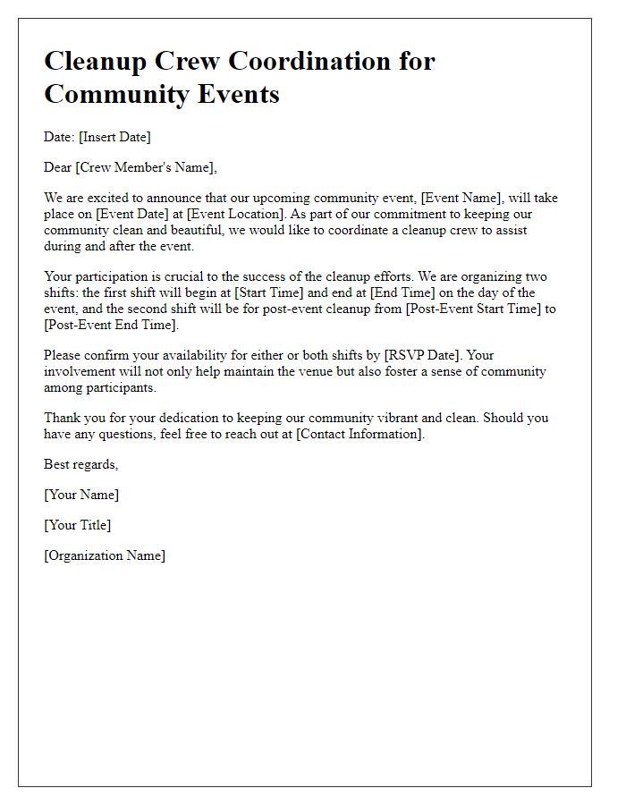 Letter template of Cleanup Crew Coordination for Community Events