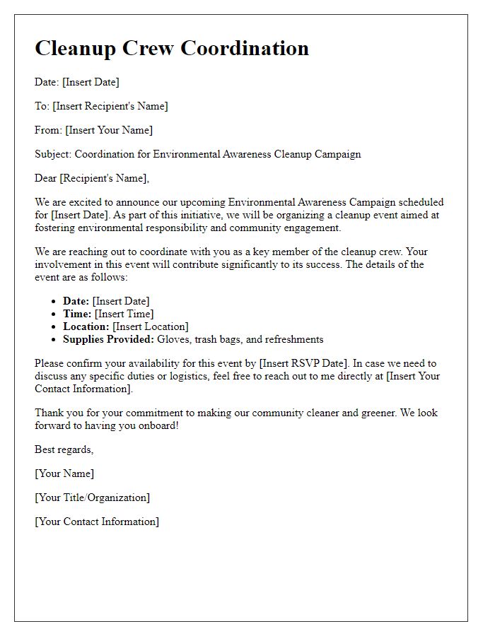 Letter template of Cleanup Crew Coordination for Environmental Awareness Campaigns