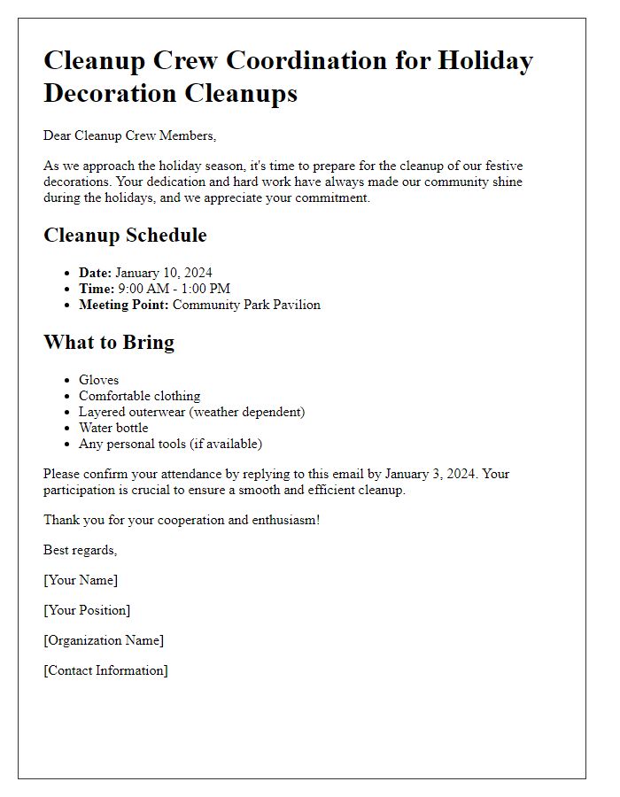 Letter template of Cleanup Crew Coordination for Holiday Decoration Cleanups