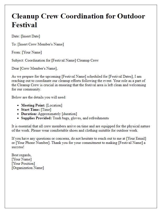 Letter template of Cleanup Crew Coordination for Outdoor Festivals