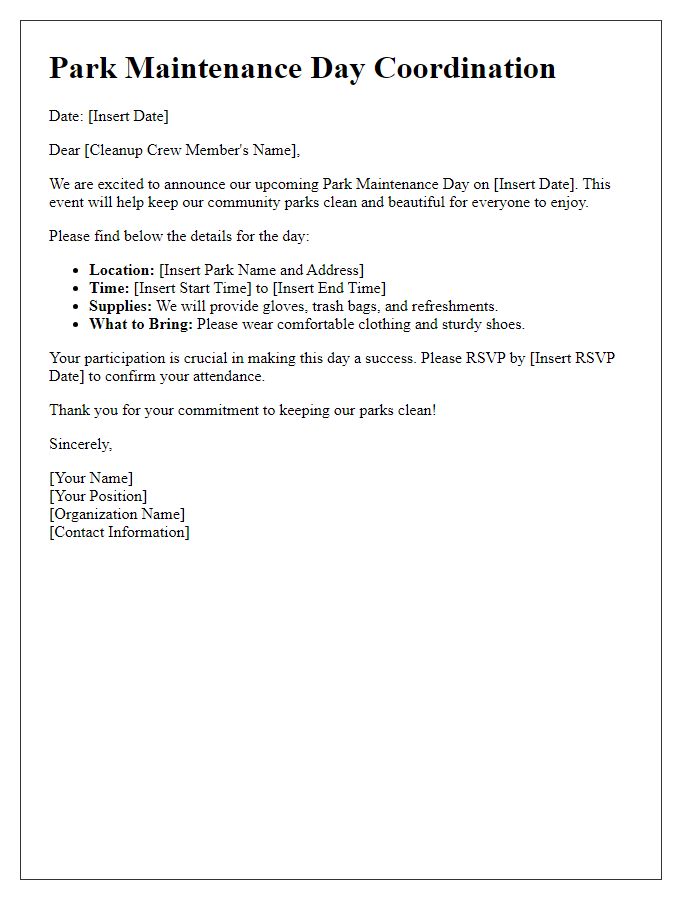 Letter template of Cleanup Crew Coordination for Park Maintenance Days