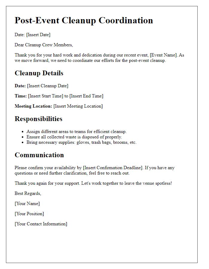 Letter template of Cleanup Crew Coordination for Post-Event Cleanups