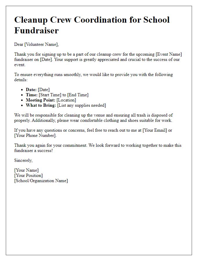 Letter template of Cleanup Crew Coordination for School Fundraisers