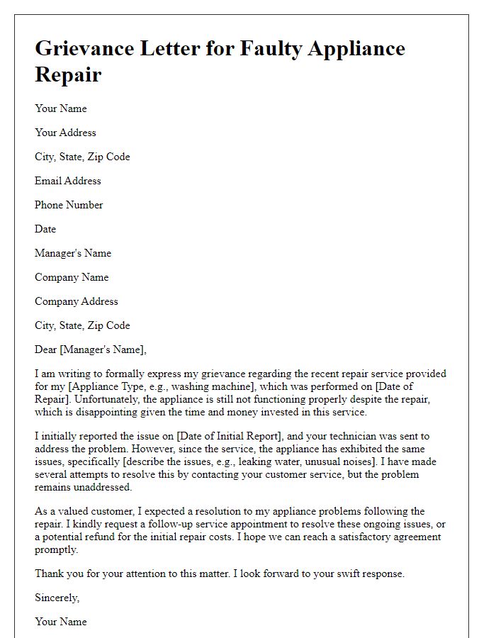 Letter template of grievance for faulty appliance repair.