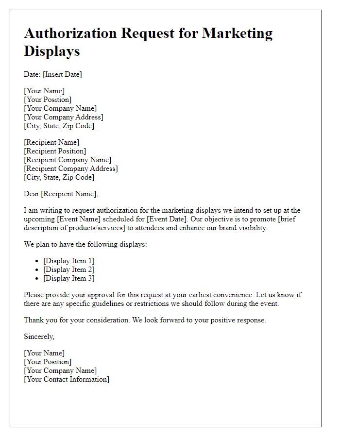 Letter template of authorization request for marketing displays at event