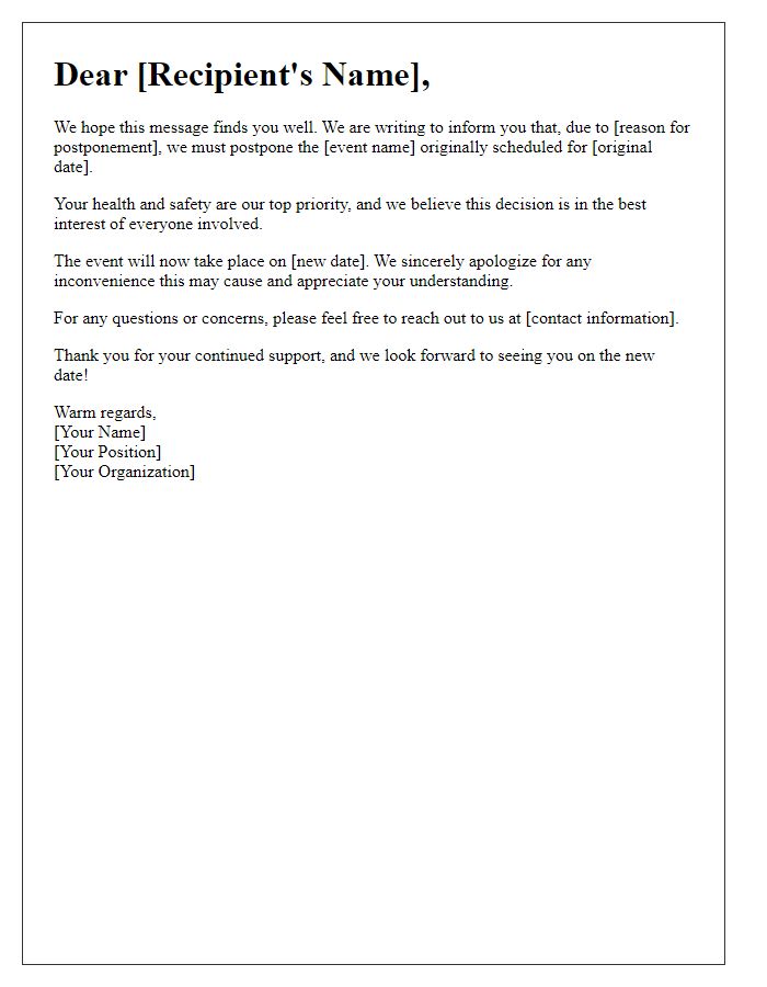 Letter template of event postponement communication