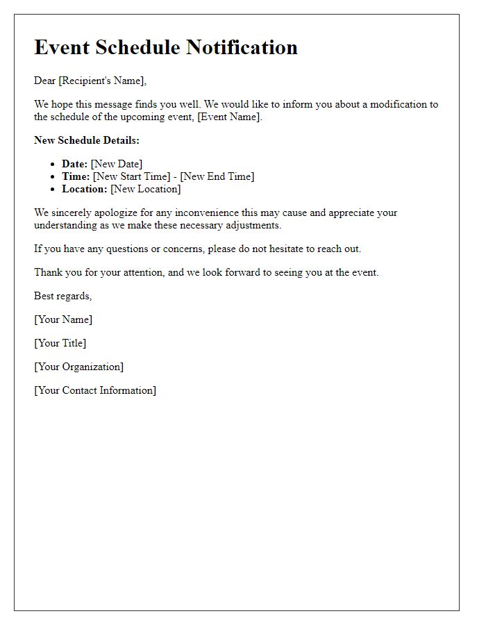 Letter template of modified schedule notification for event