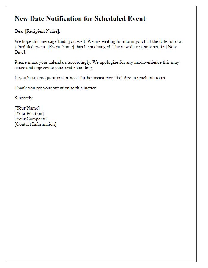 Letter template of new date notification for scheduled event