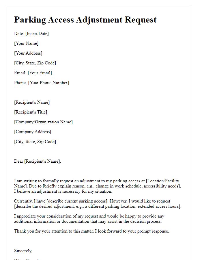 Letter template of parking access adjustment request