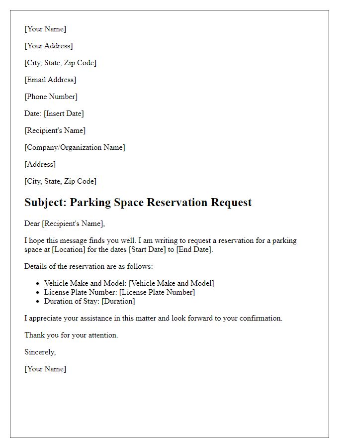 Letter template of parking space reservation request