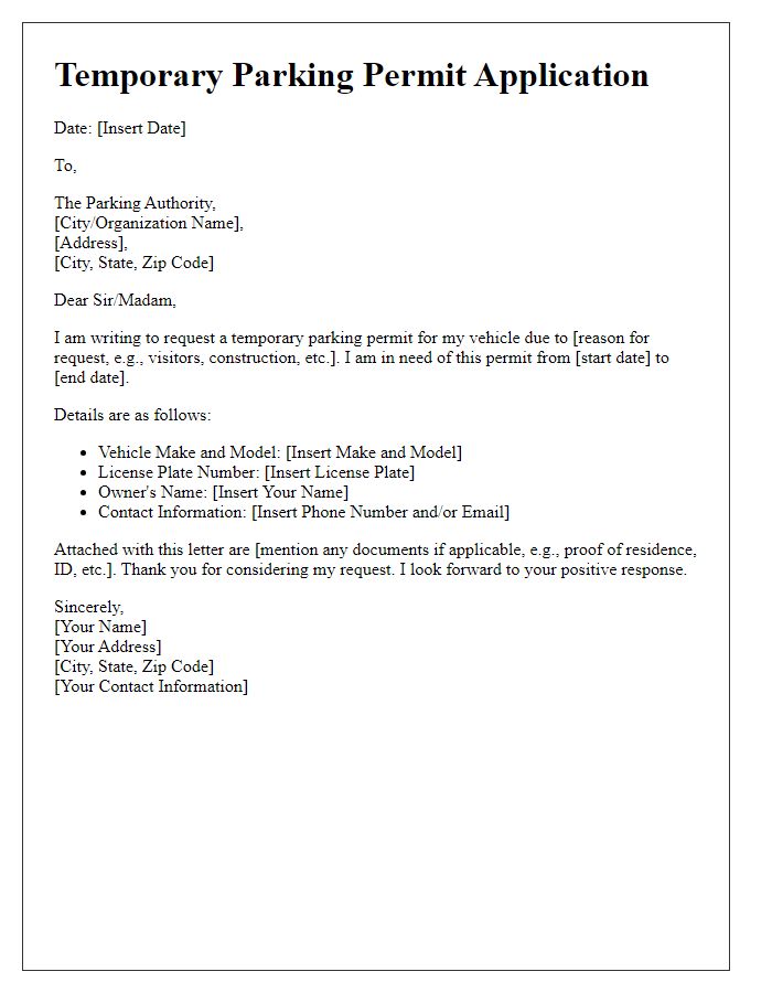 Letter template of temporary parking permit application