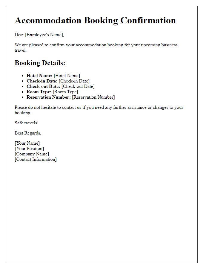 Letter template of accommodation booking confirmation for business travel.