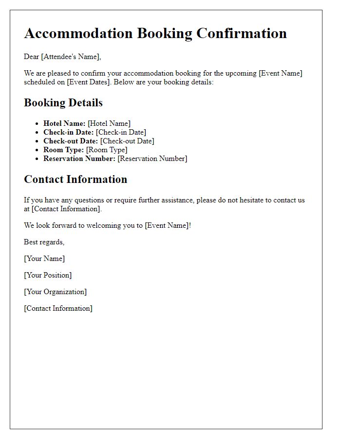 Letter template of accommodation booking confirmation for event attendees.