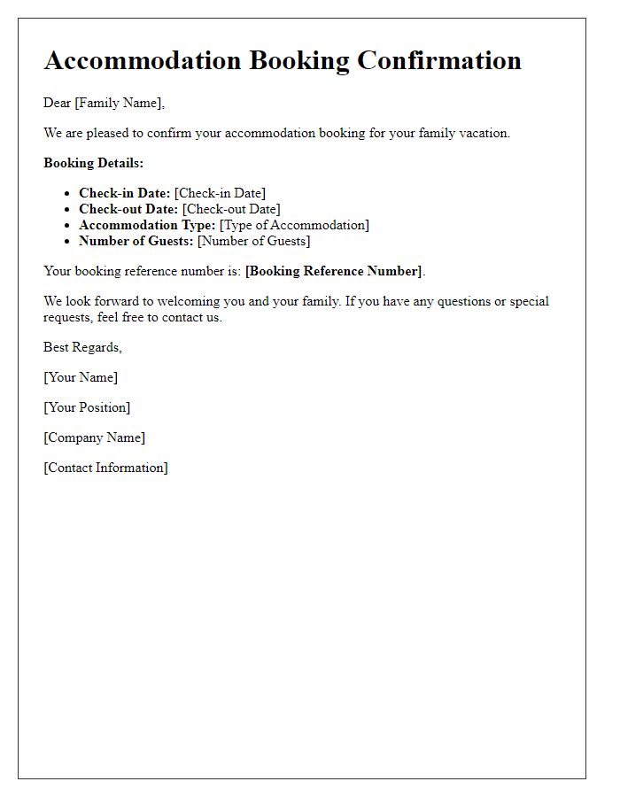 Letter template of accommodation booking confirmation for family vacation.