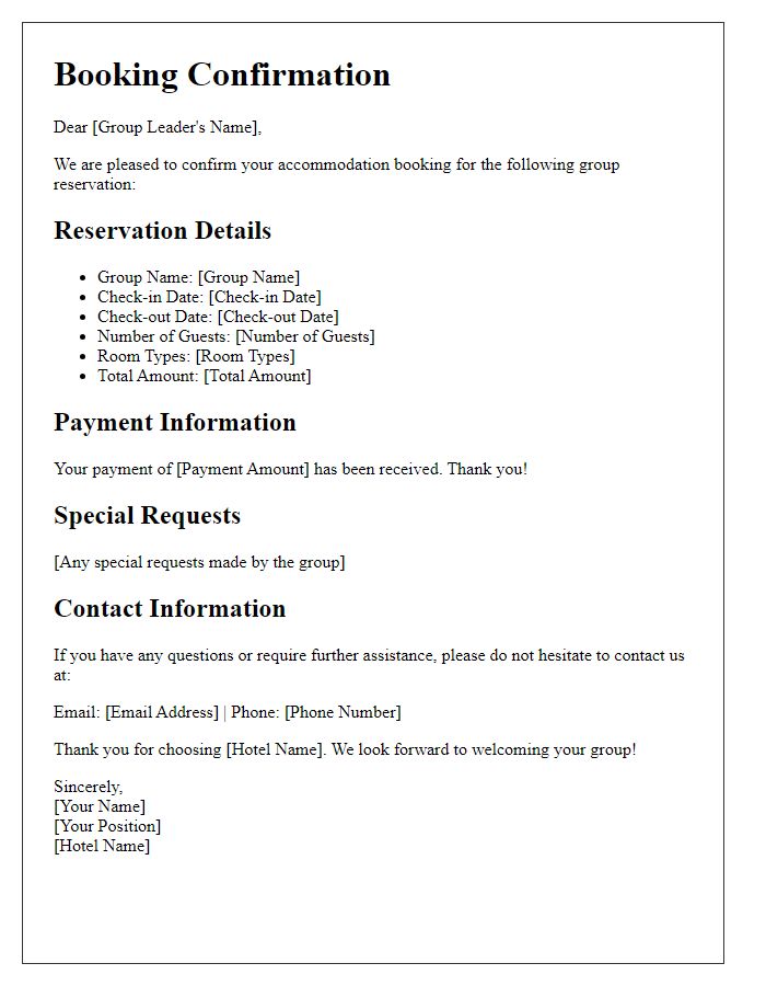 Letter template of accommodation booking confirmation for group reservation.