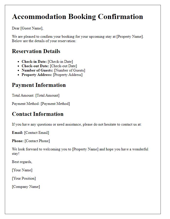 Letter template of accommodation booking confirmation for holiday rental.