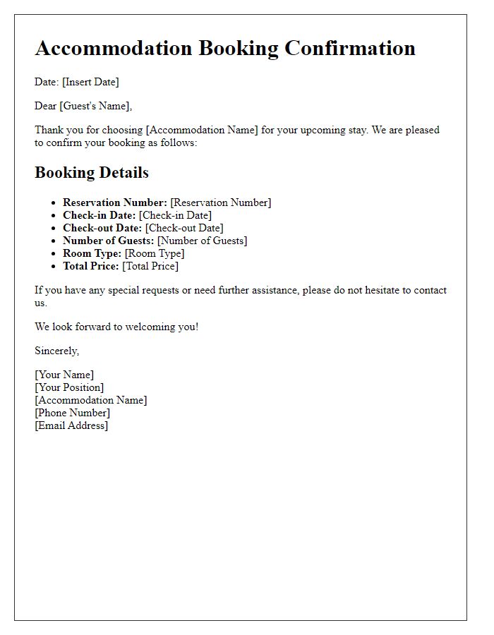 Letter template of accommodation booking confirmation for international travel.