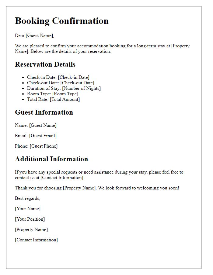 Letter template of accommodation booking confirmation for long-term stay.