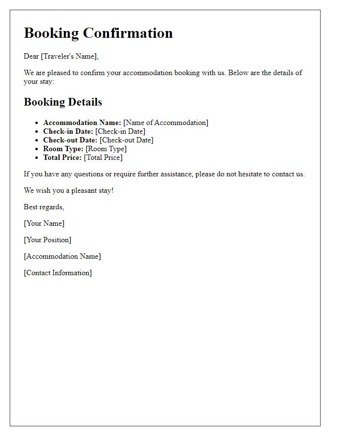 Letter template of accommodation booking confirmation for solo traveler.