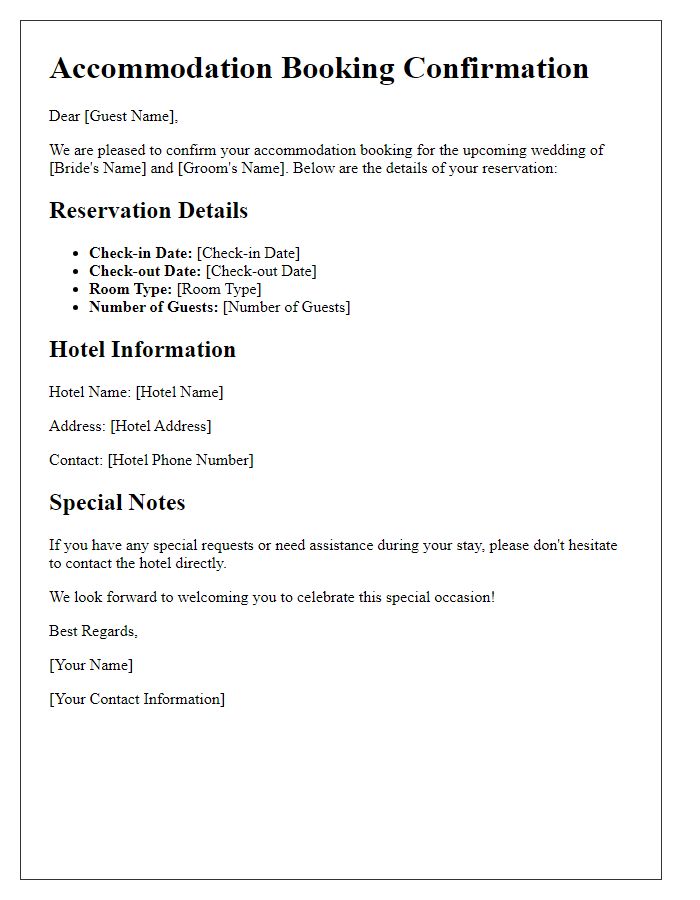 Letter template of accommodation booking confirmation for wedding guests.