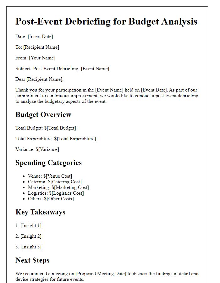 Letter template of post-event debriefing for budget analysis