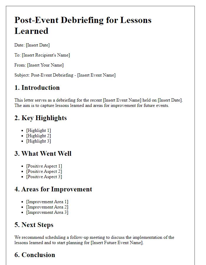 Letter template of post-event debriefing for lessons learned