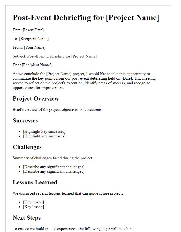 Letter template of post-event debriefing for project closure