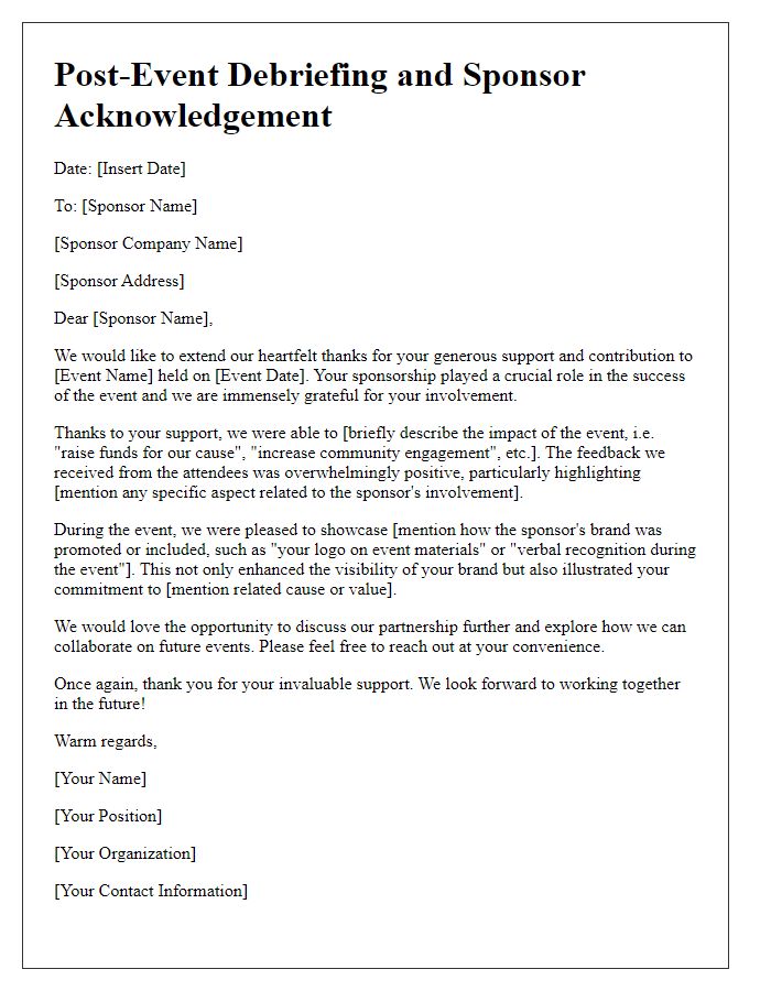 Letter template of post-event debriefing for sponsor acknowledgement